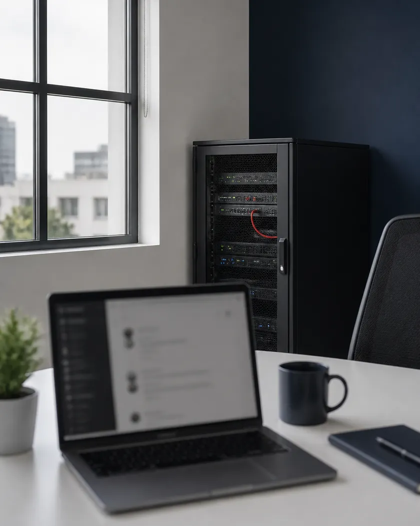 A small server rack in the corner of a bright office, with a laptop on the desk in front