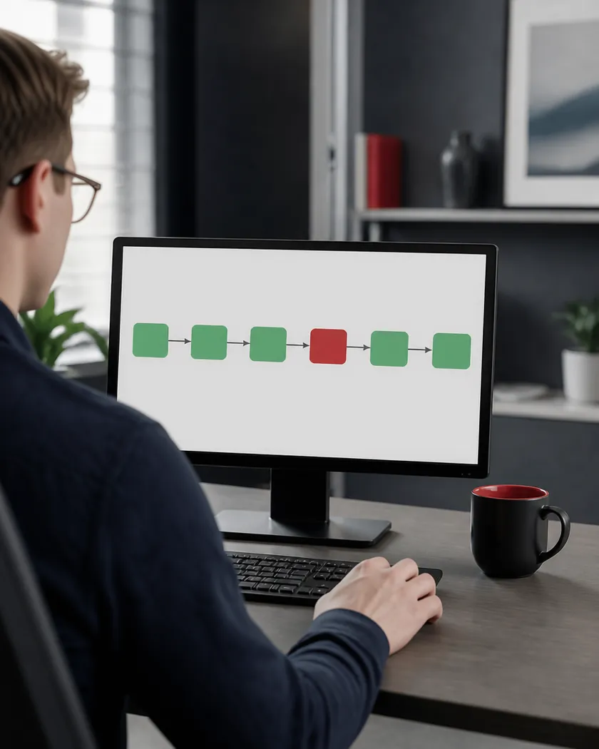 A screen showing a software release pipeline as a row of connected steps, with one step in red