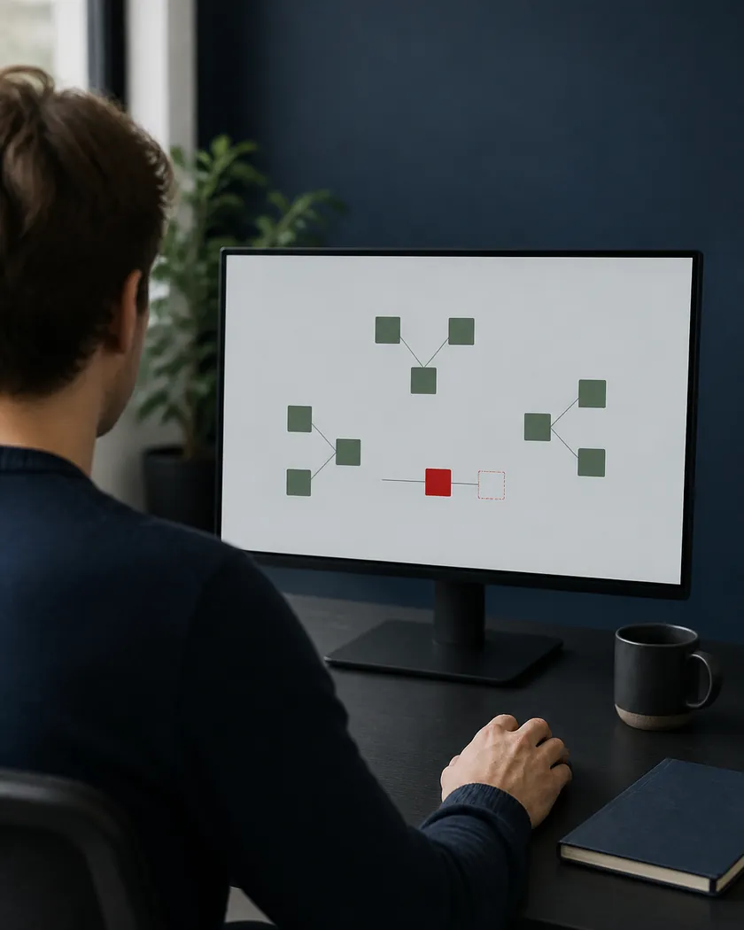 A developer at a monitor showing small groups of connected tiles, with one tile in red and an outlined copy beside it