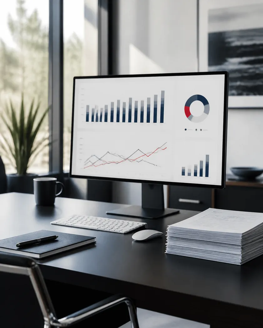 A monitor showing a dashboard of bar, line and donut charts, next to a stack of printed reports