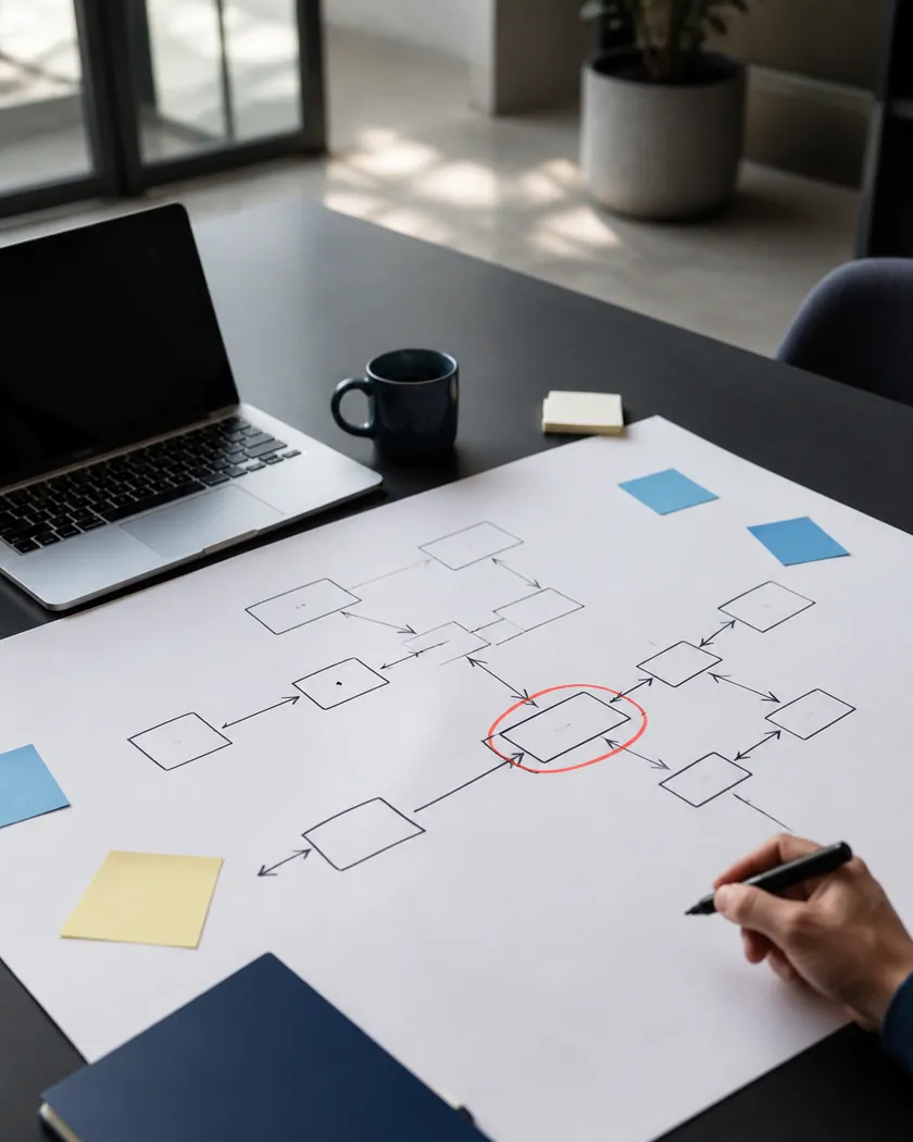 A hand-drawn process map on a table, with one step circled in red