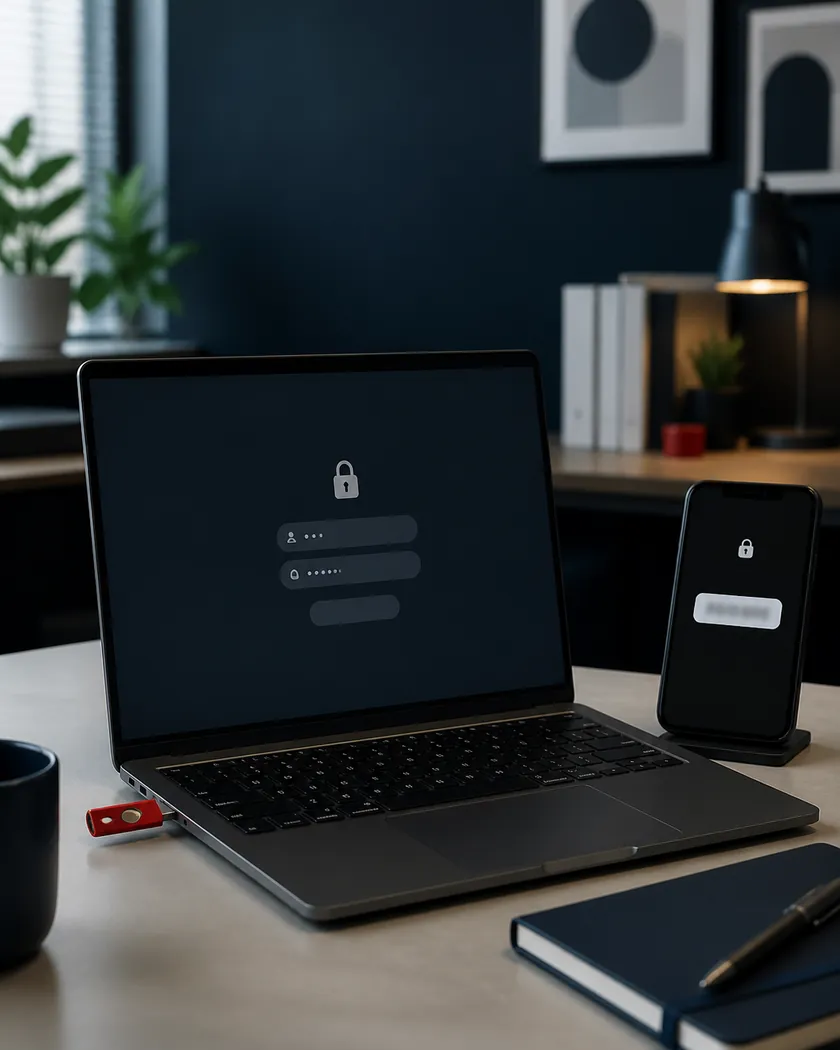 A laptop showing a sign-in screen, with a security key plugged in and a phone beside it