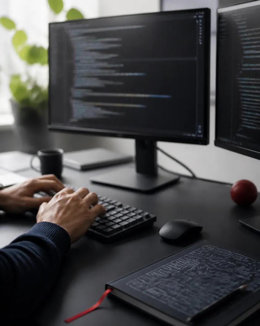 A developer typing at a desk with two monitors showing code
