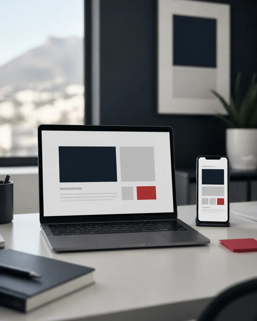 A laptop and a phone on a desk, both showing the same simple website layout