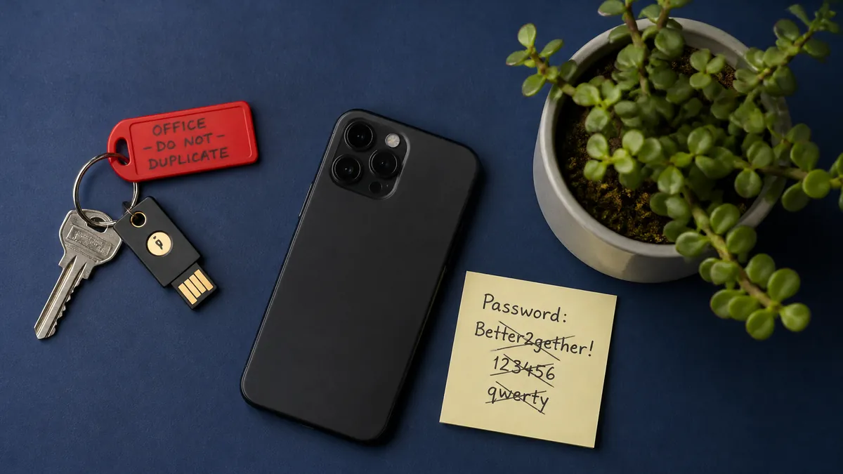 A phone lying face-down, a crossed-out password sticky note and a small spekboom plant