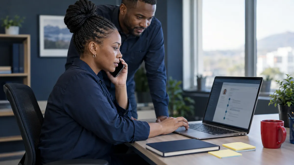 Office worker on a phone call checking a customer’s history on a laptop while a colleague looks on