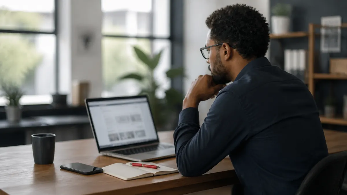 Man at a desk reviewing a website on a laptop in a bright office