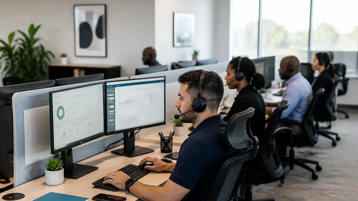 support staff working at their desks using their help desk system image