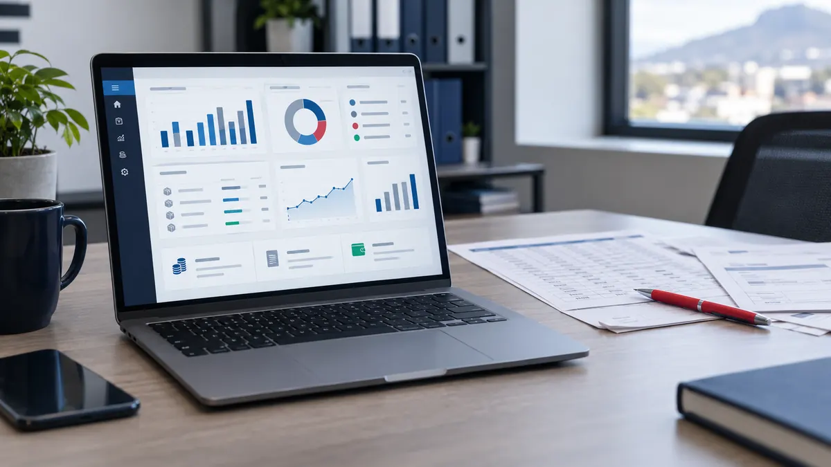 Laptop showing one business dashboard, with old spreadsheets pushed aside