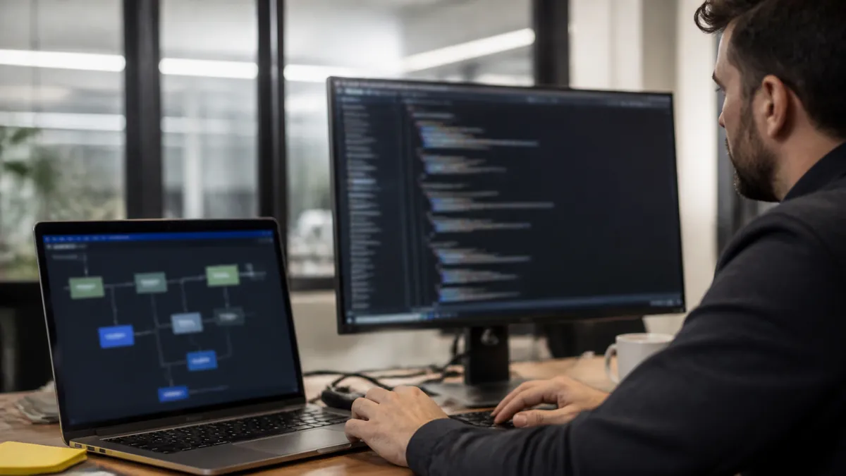 Developer working on code on a monitor beside a laptop showing a drag-and-drop workflow